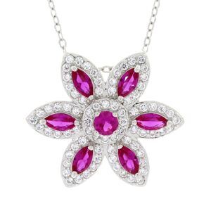 Created Ruby Cubic Zirconia Flower Pendant Necklace Sterling Silver